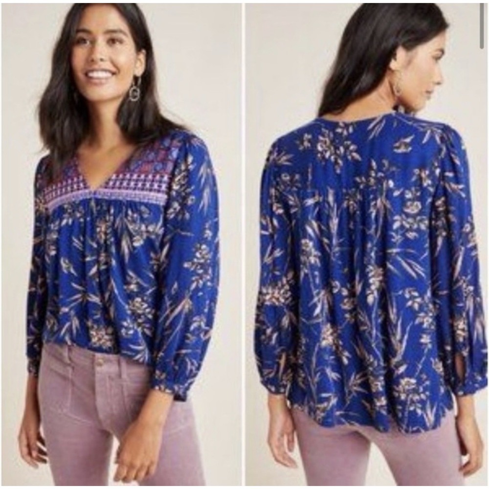 Anthropologie Blue Floral Peasant  Embroidered Top Boho XS Flowy Casual NWT